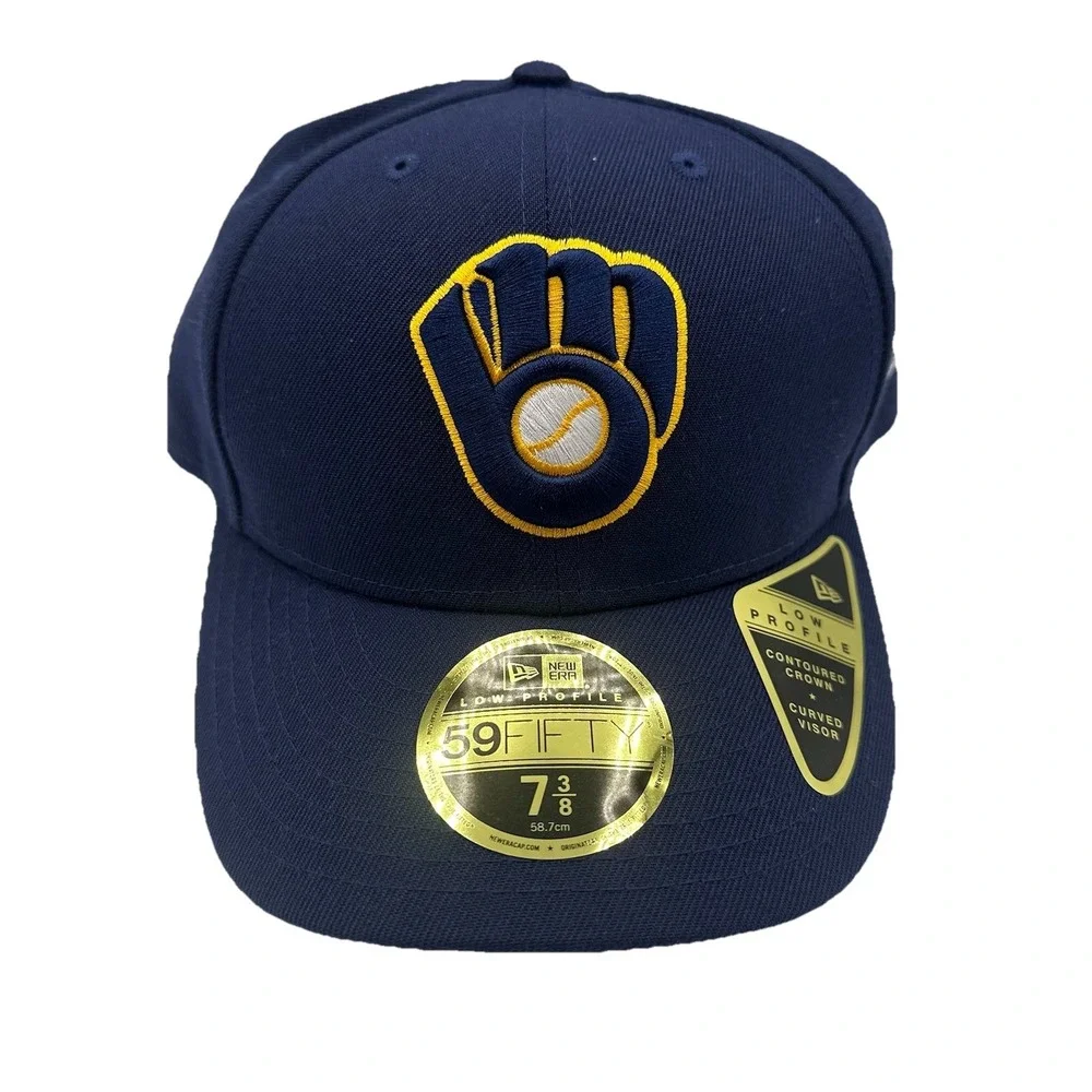 New Era 59Fifty Milwaukee Brewers Hat Cap 7 3/8 Navy On Field Low Profile Fitted